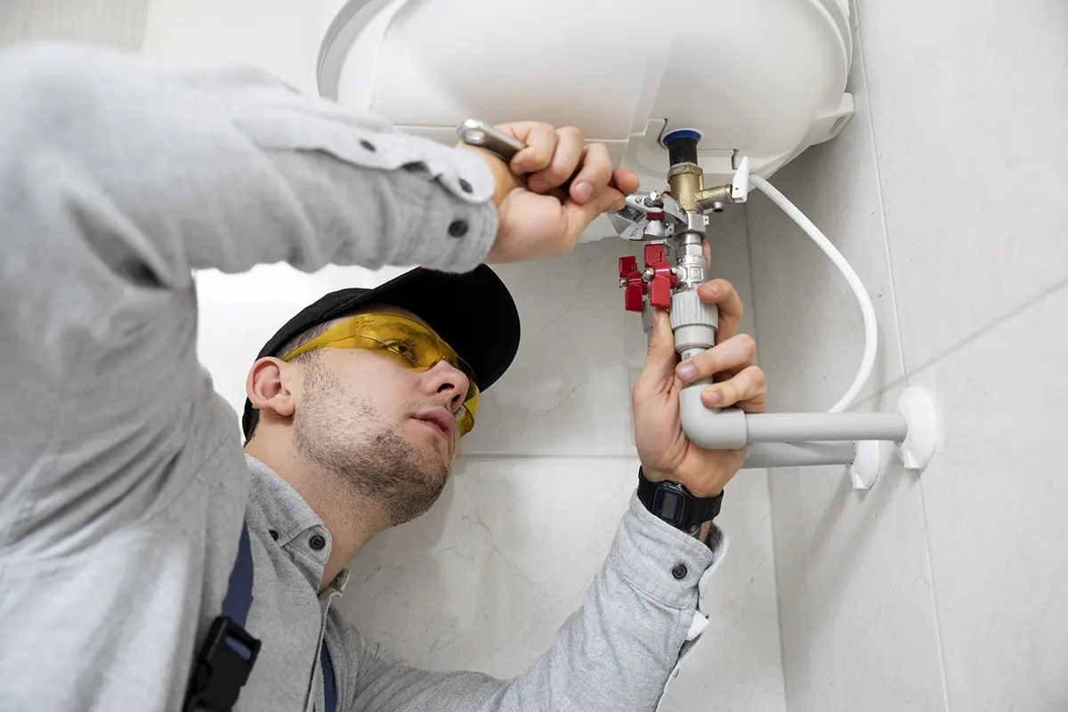 Tukang memperbaiki instalasi water heater di rumah pelanggan Nganjuk